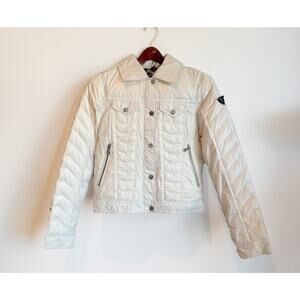 GUESS Women’s White Moto Puffer Jacket – Size Small – 90/10 Down - Photo Sample